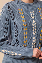 Mock Neck Cable Stitched Detail Sweater Blue Fog