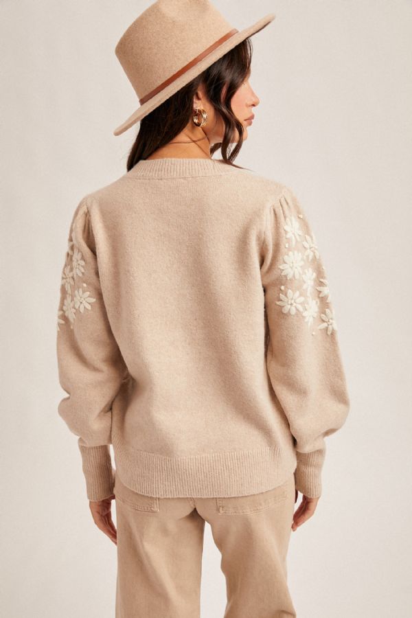 Floral Embroidery Bubble Sleeve Sweater Taupe