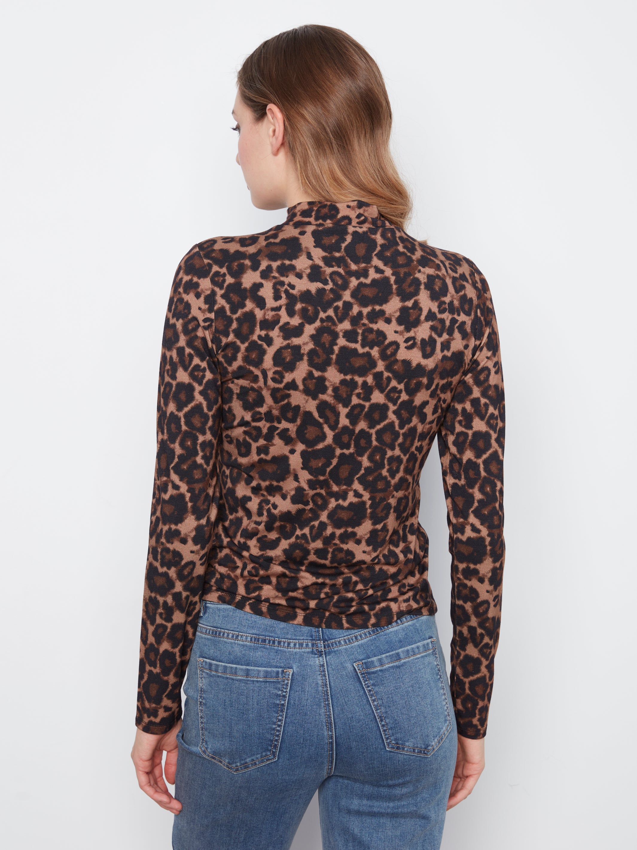 Burnout Mesh Mock Neck Long Sleeve Top Leopard
