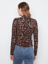 Burnout Mesh Mock Neck Long Sleeve Top Leopard