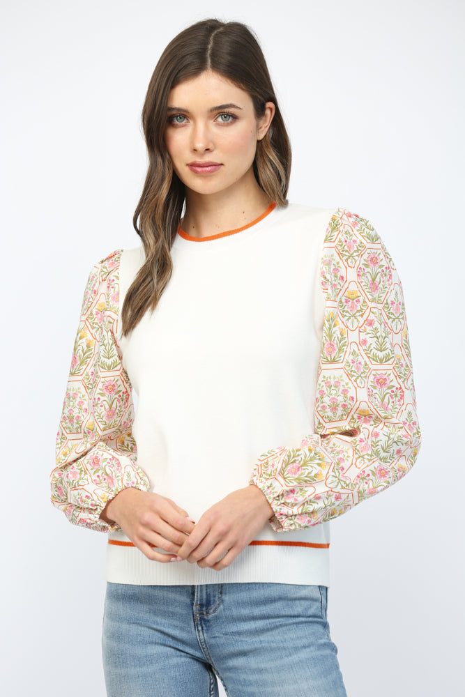 Contrast Botanical Print Buff Sleeve Sweater Top Cream