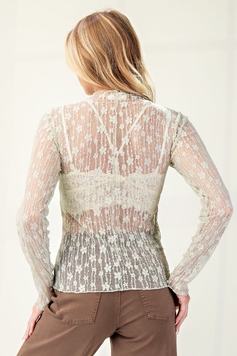 Sheer Lace High Neck Layering Top Sage