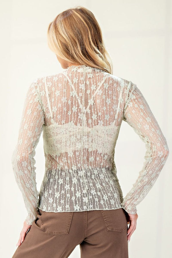 Sheer Lace High Neck Layering Top Sage
