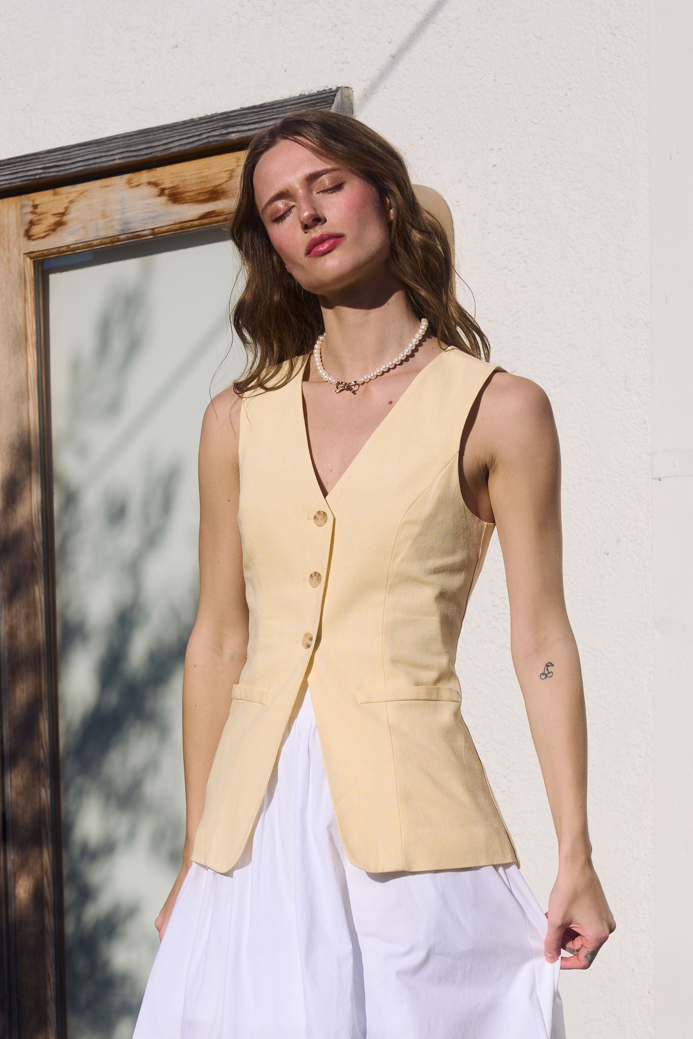 Vneck Button Close Vest Top Light Yellow