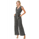 Tie Shoulder Belted Wide Leg Jumpsuit Black White Wave Chain