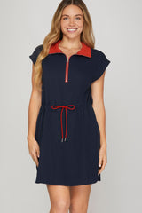 Colorblock Drawstring Waist Collared Mini Dress Navy