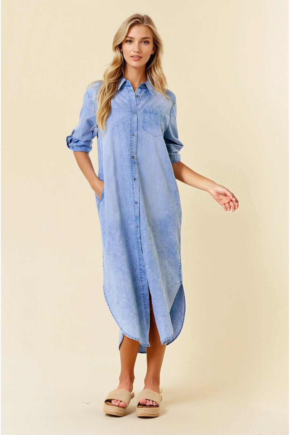 Roll Tab 3/4 Sleeve Tencel Denim Midi Shirt Dress Light Denim