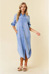 Roll Tab 3/4 Sleeve Tencel Denim Midi Shirt Dress Light Denim