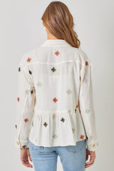 Embroidered Medallions Washed Peplum Jacket Off White