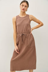 Cotton Tank Gauze Skirt Tie Waist Midi Dress Mocha