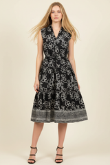 Floral Printed Tiered Border Hem Midi Dress Black