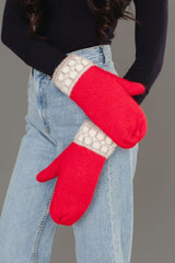 Square Pattern Knit Mittens Red