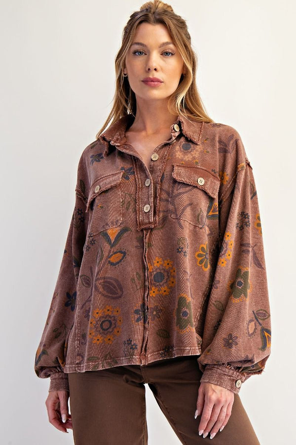 Floral Printed Washed Terry Pullover Shirt Chocolate
