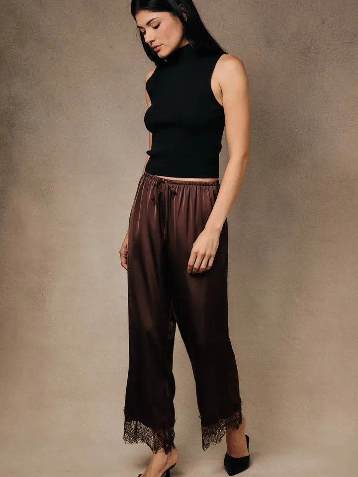 High Waist Lace Hem Satin Pants Brown