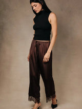 High Waist Lace Hem Satin Pants Brown