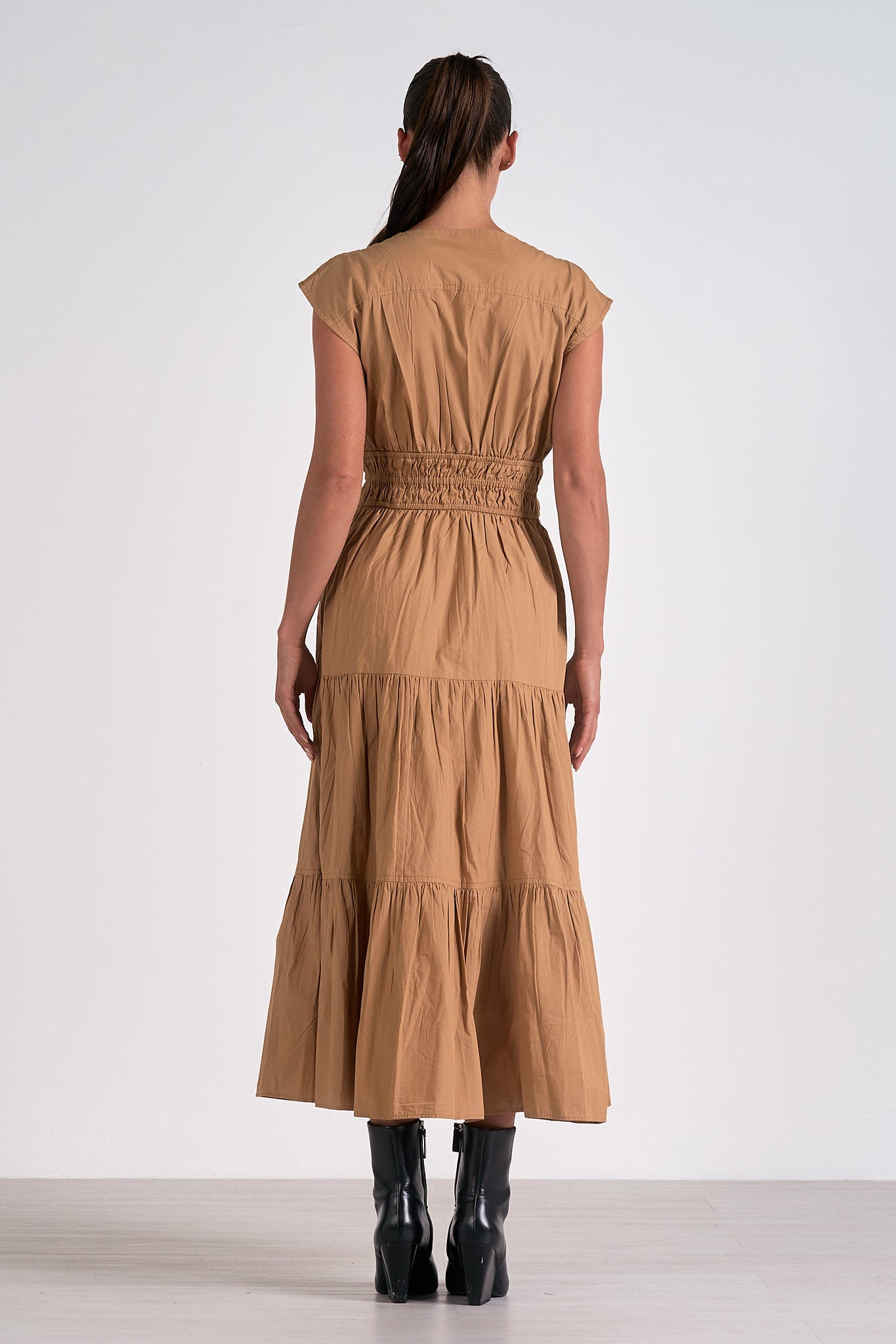 Triple Bow Waist Detail Cap Shoulder Midi Dress Taupe