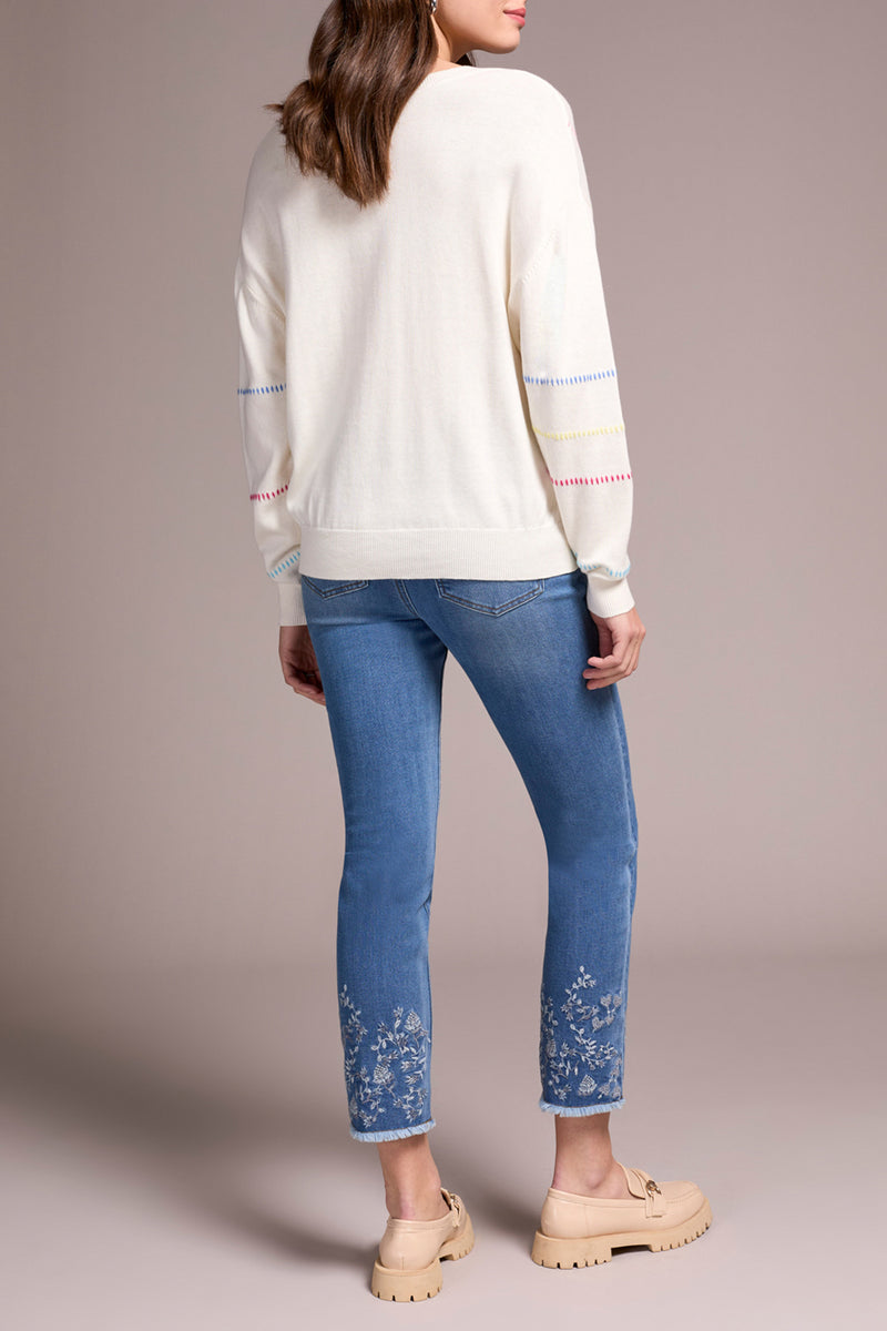 Embroidered Lines Vneck Sweater Eggshell