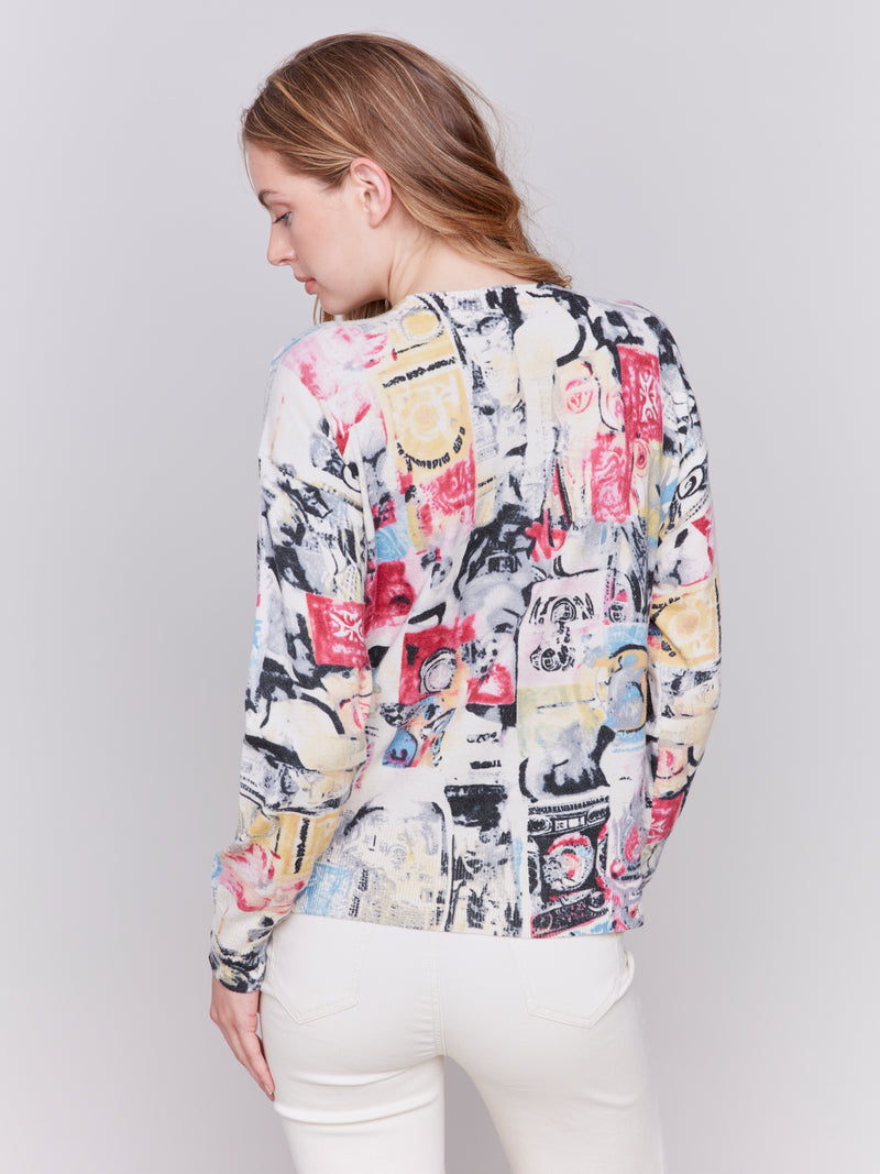 Side Button Printed Sweater Cartoon