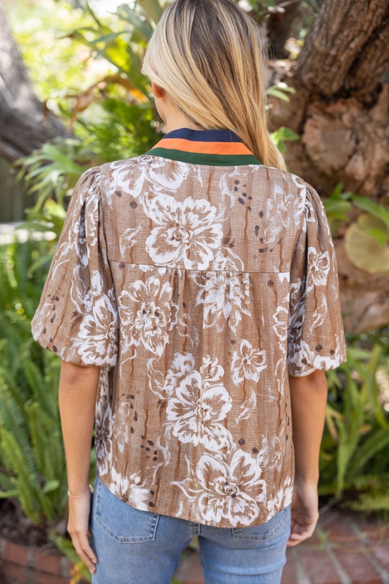 Multi Stripe Placket Floral Print Button Down Top Brown