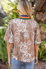 Multi Stripe Placket Floral Print Button Down Top Brown