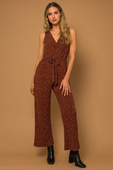 Faux Wrap Wide Leg Tied Waist Abstract Jumpsuit Brown