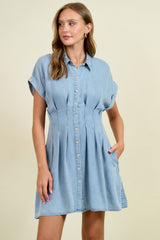 Denim Waist Pleats Collared Mini Dress Light Denim