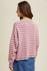 Ribbed Trim Crew Neck Stripe Sweater Stone + Orchid