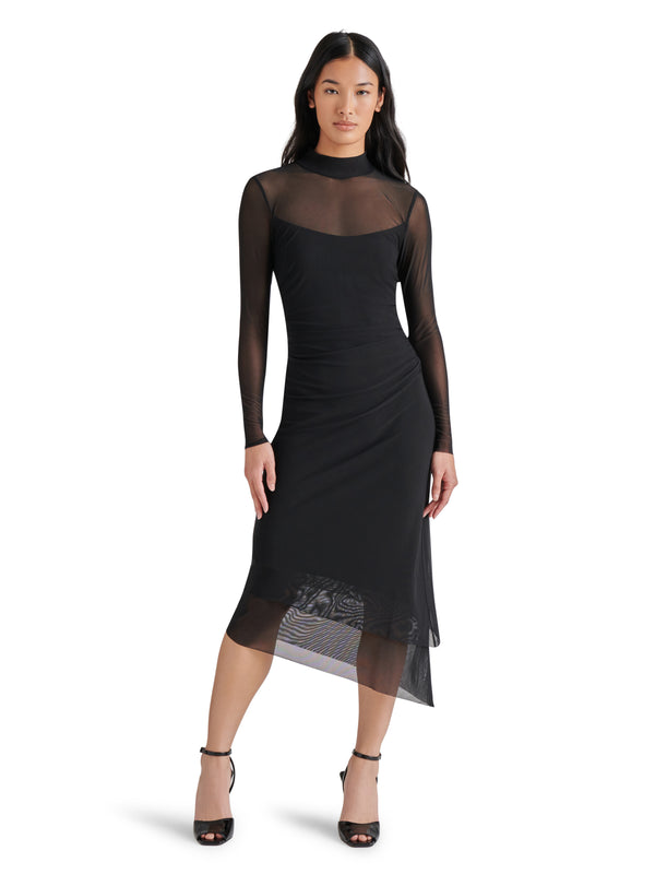 Blare Solid Midi Long Sleeve Dress Black