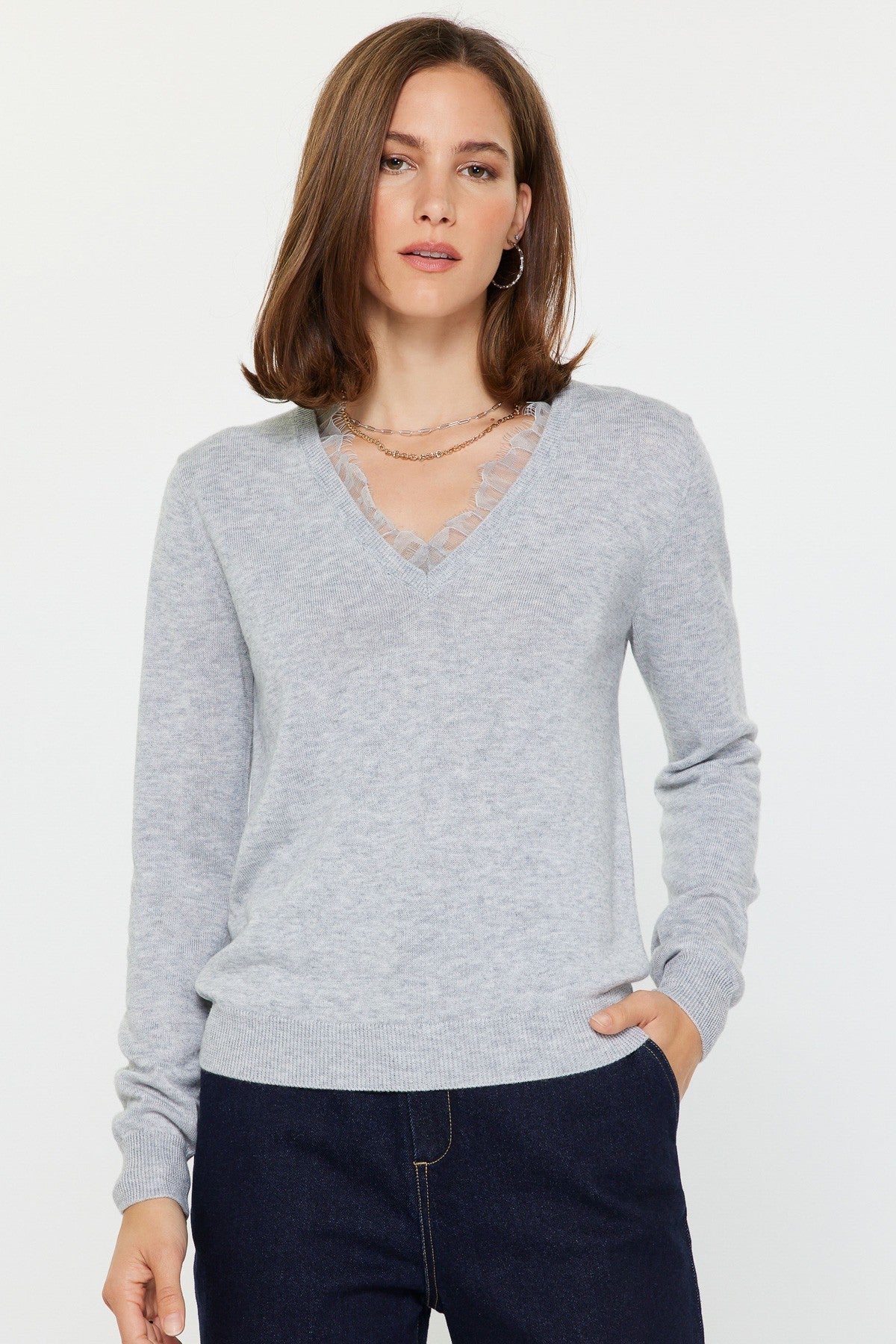 Lace Insert Vneck Heather Grey