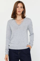 Lace Insert Vneck Heather Grey