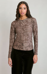 Floral Jacquard Sheer Long Sleeve Top Dark Taupe