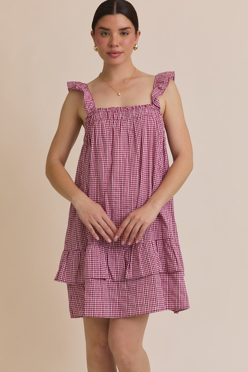 Ruffle Strap Gingham Mini Dress Red + White