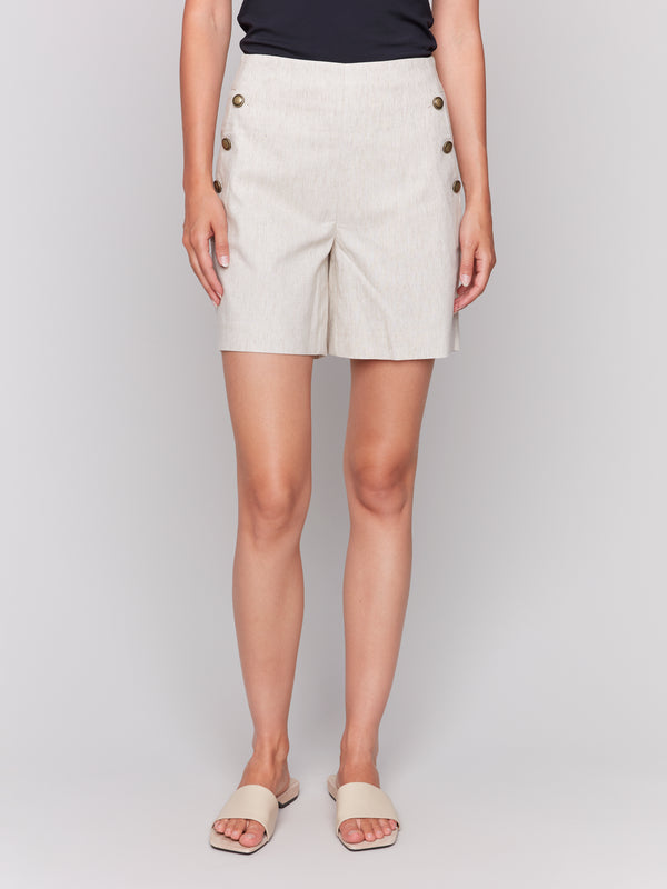 Heathered Linen Button Detail Stretch Shorts Natural