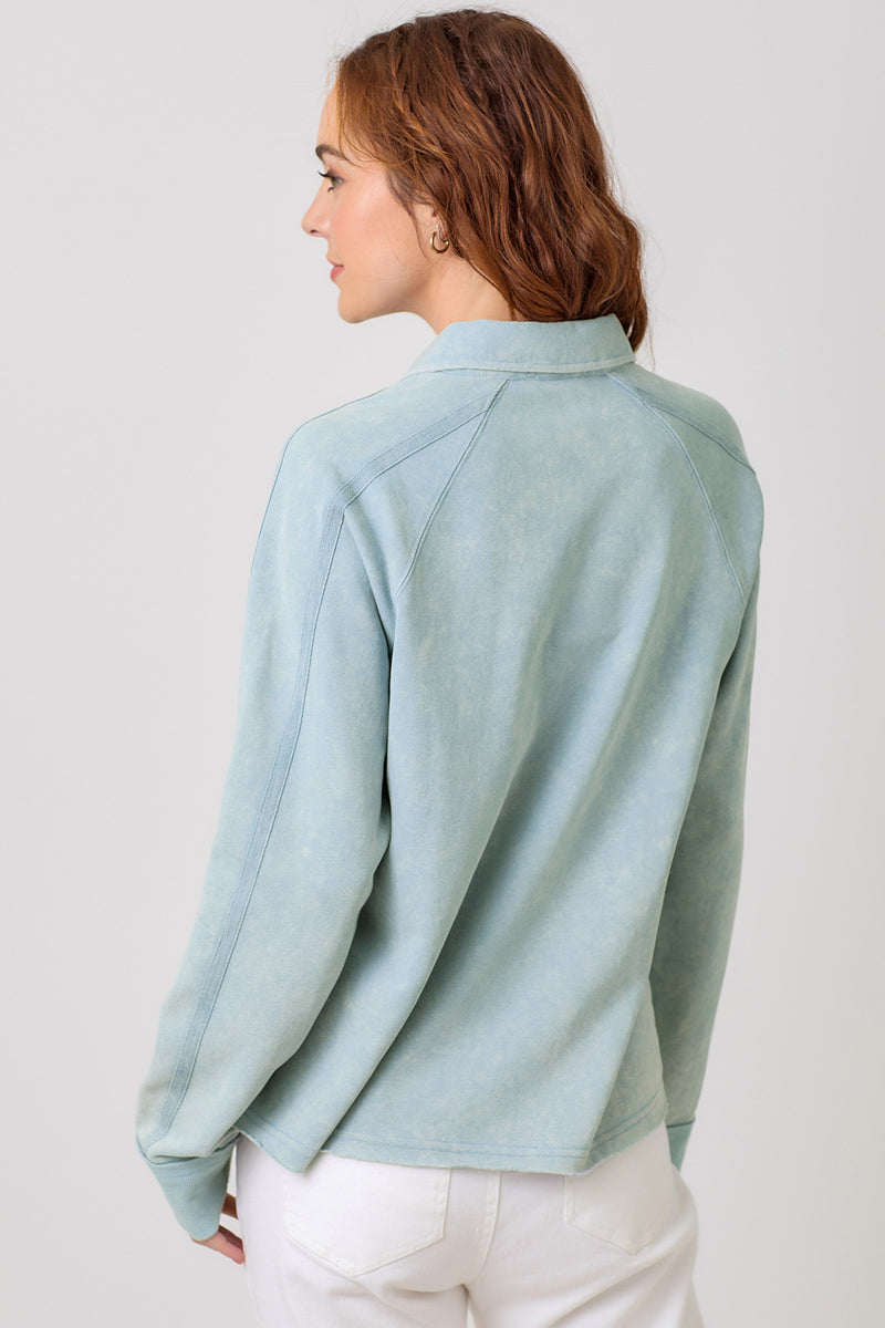Collared Button Neck Terry Long Sleeve Top Washed Pale Blue