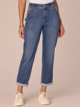 Buttoned Patch Pocket Roll Cuff High Rise Jeans Blue