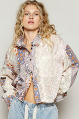 Cropped Mix Print Crochet Button Down Jacket Lavender Multi