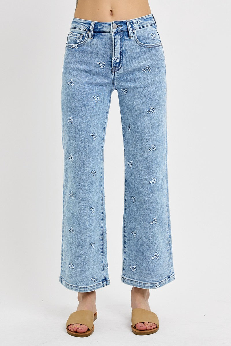 Embroidered Floral High Rise Crop Jeans Light