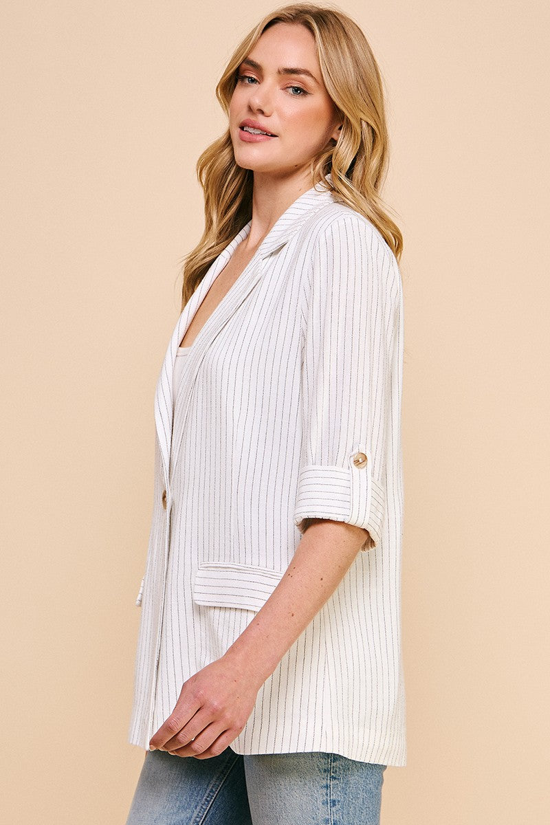 Pinstriped 3/4 Sleeve Linen Oversized Blazer Off White Stripe