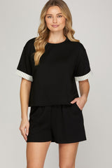 Stripe Contrast Band Short Sleeve Top Black