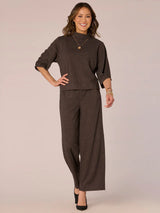Pleated Detail Elbow Sleeve Mock Neck Top Brown