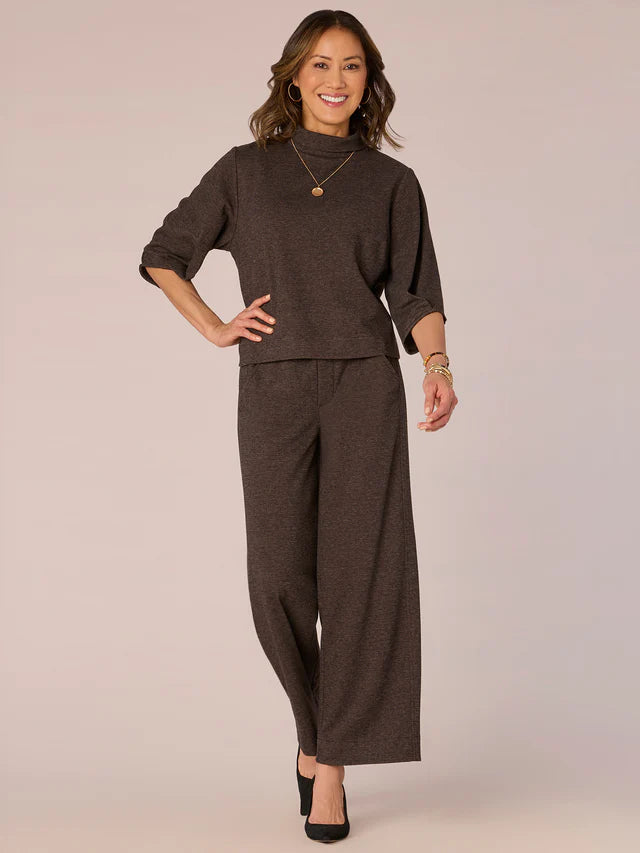 Pleated Detail Elbow Sleeve Mock Neck Top Brown