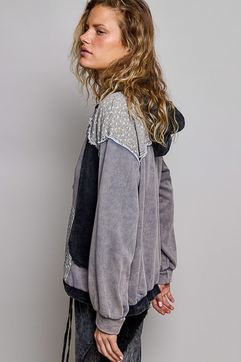 Vintage French Terry Mix Panel Hoodie Iron Grey