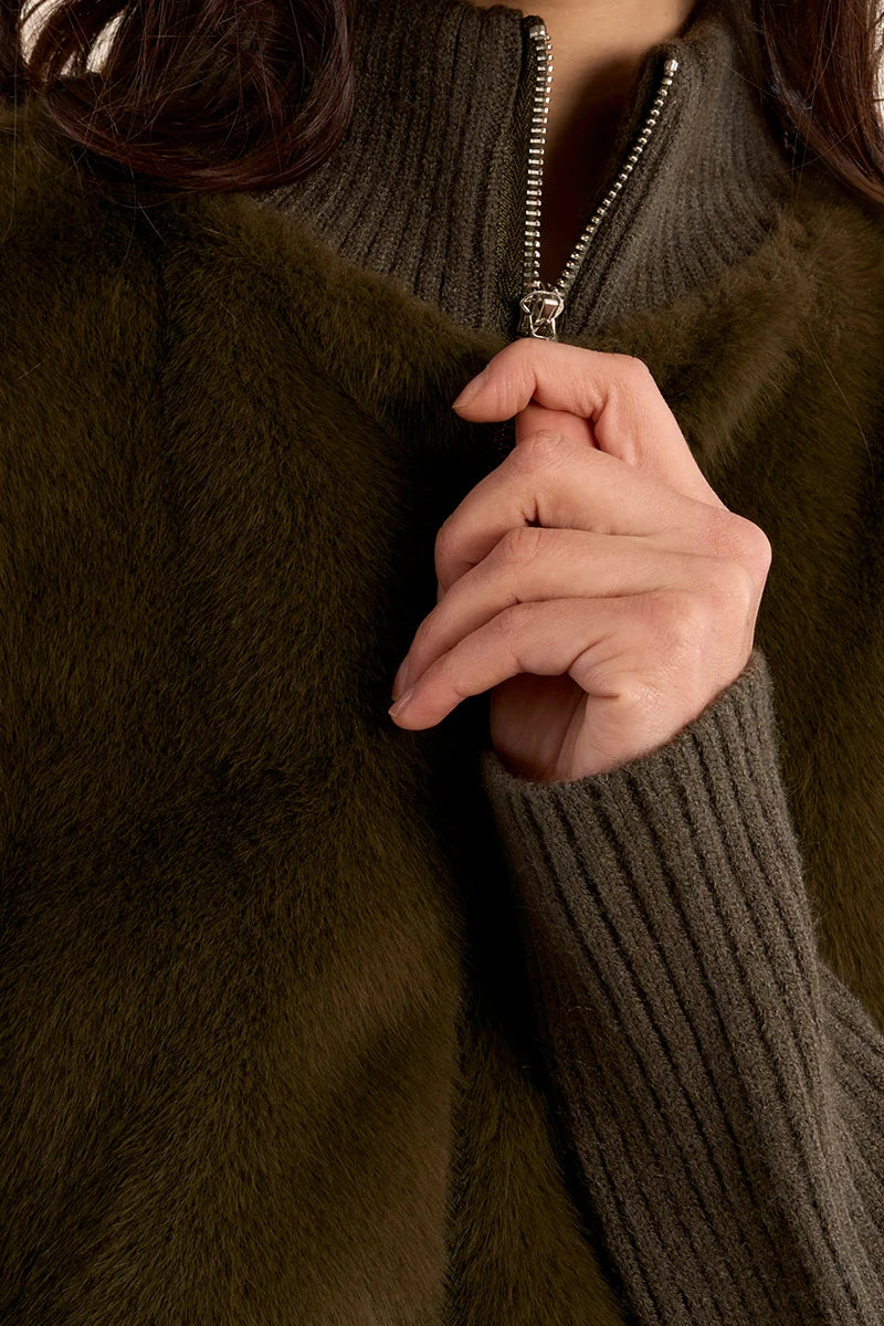 Fur Detail Knit Mix Zip Up Jacket