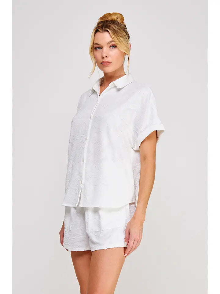 Breezy Jacquard Button Up Short Sleeve Shirt Off White