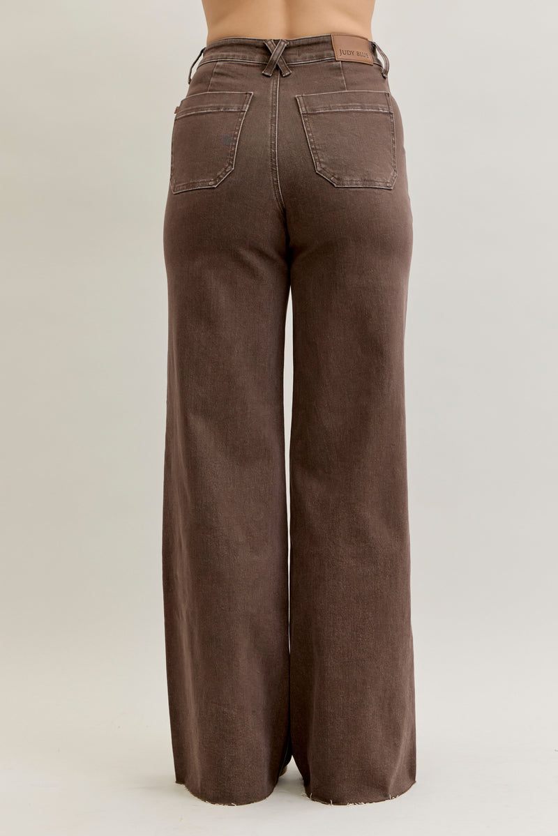 Retro Wide Yarn Dyed Front Patch Pocket Pants Brown