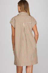 Drop Shoulder Stripe Collared Shirt Dress Brown