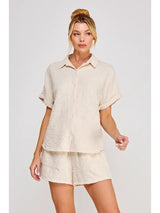 Breezy Jacquard Button Up Short Sleeve Shirt Sand