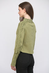 Mock Neck Cable Knit Sleeve Sweater Moss Green
