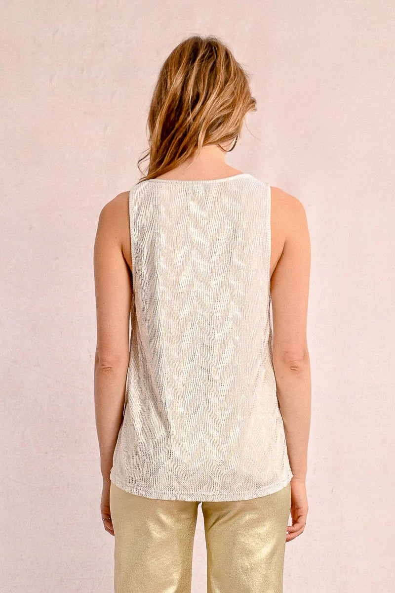 Metallic Details Vneck Knit Tank Off White