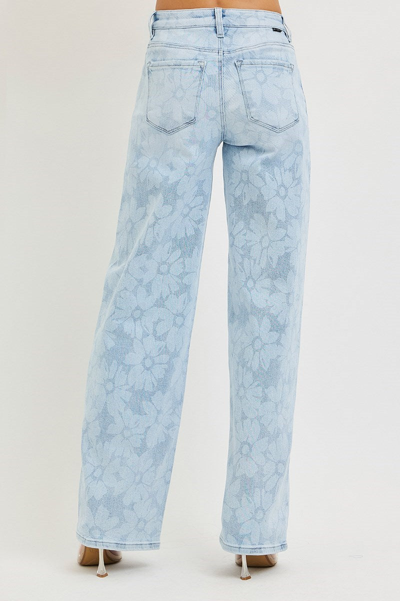 Bleached Daisy Print High Rise Wide Baggy Jeans Light